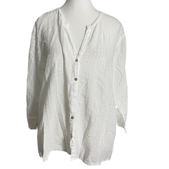 Eileen Fisher Tops - Eileen Fisher Women’s Size Small White Cotton Button Front V-Neck Tunic Blouse